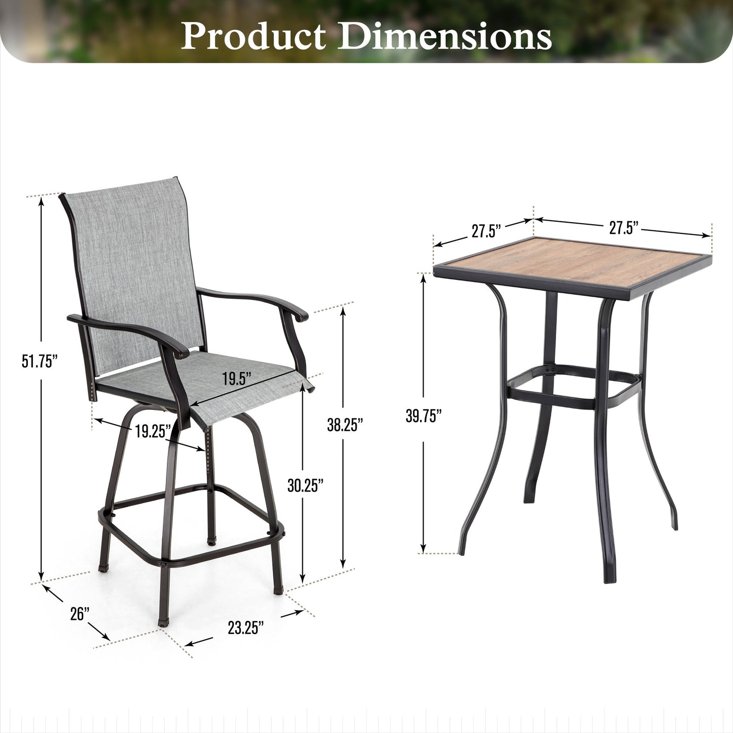 Sophia & William Patio Bar Set Outdoor Textilene Chairs & Height Table Furniture Bistro Set, Gray