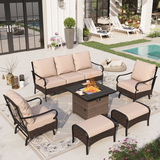 Sophia & William 6 Piece Metal Patio Conversation Sofa Set 7-Seat Outdoor Sectionals with Fire Pit Table