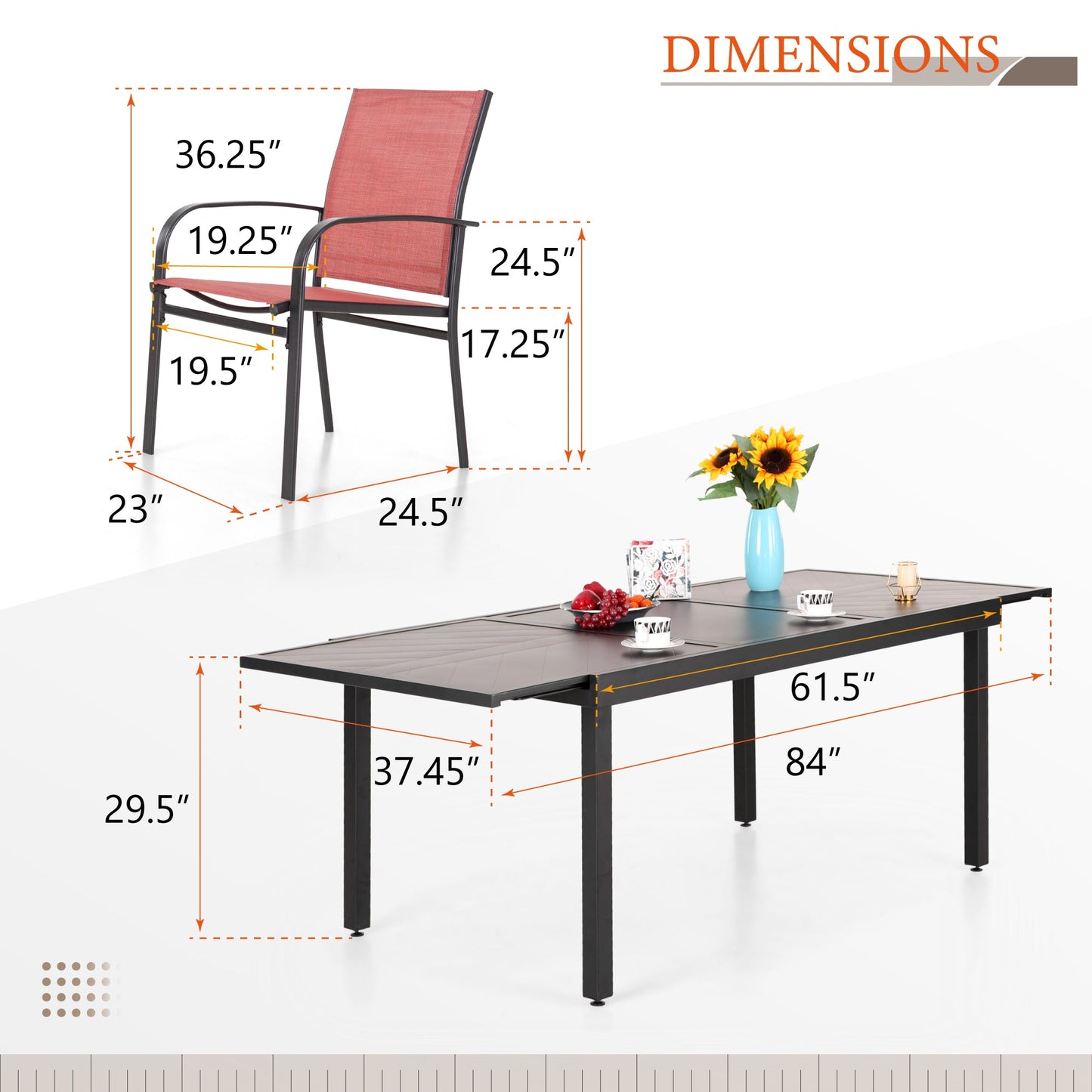 7 Piece Patio Metal Dining Set Extendable Table and 6 Red Textilene Chairs