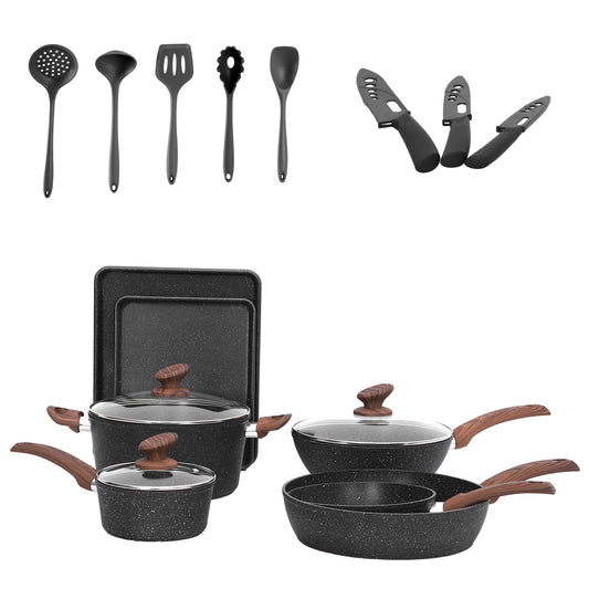 Sophia & William 18 Pieces Aluminum Non-stick Cookware & Bakeware Set Pots & Pans, Black