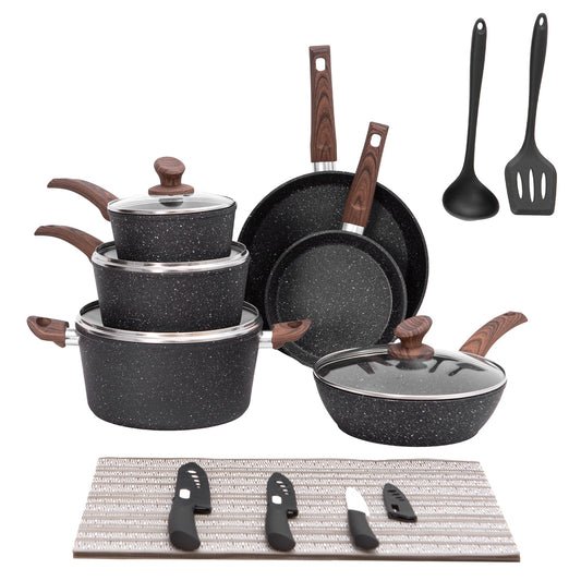 Sophia & William 21 Pieces Granite Non-stick Aluminum Cookware Set with Induction Bottom, Black