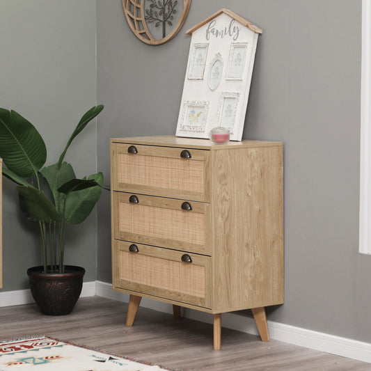 Sophia & William Wood Bedside End Table Storage Chest with 3 Rattan Drawers