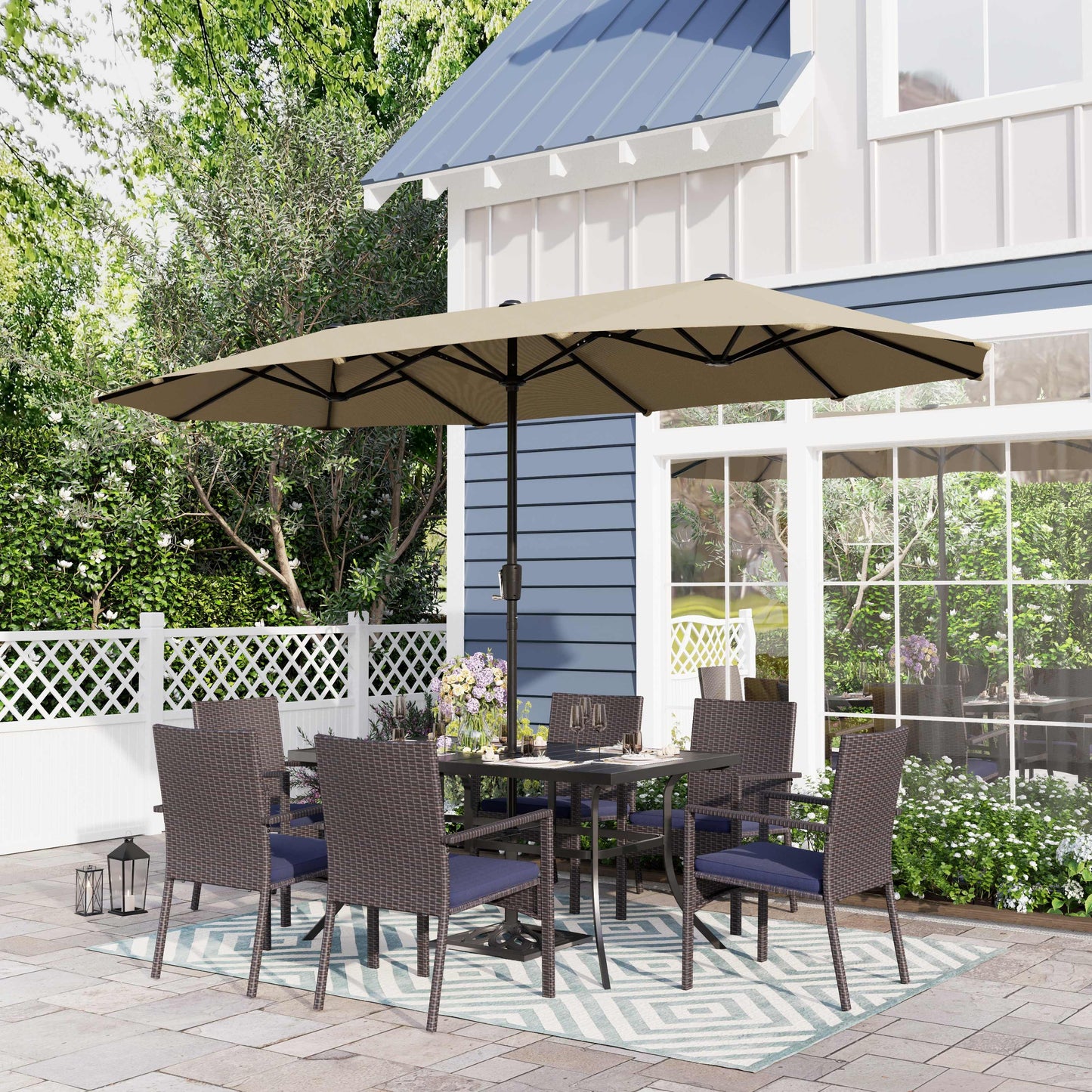 Sophia & William 8-Piece Outdoor Patio Set with 13 ft Beige Umbrella, Rattan Chairs & Rectangle Table for 6