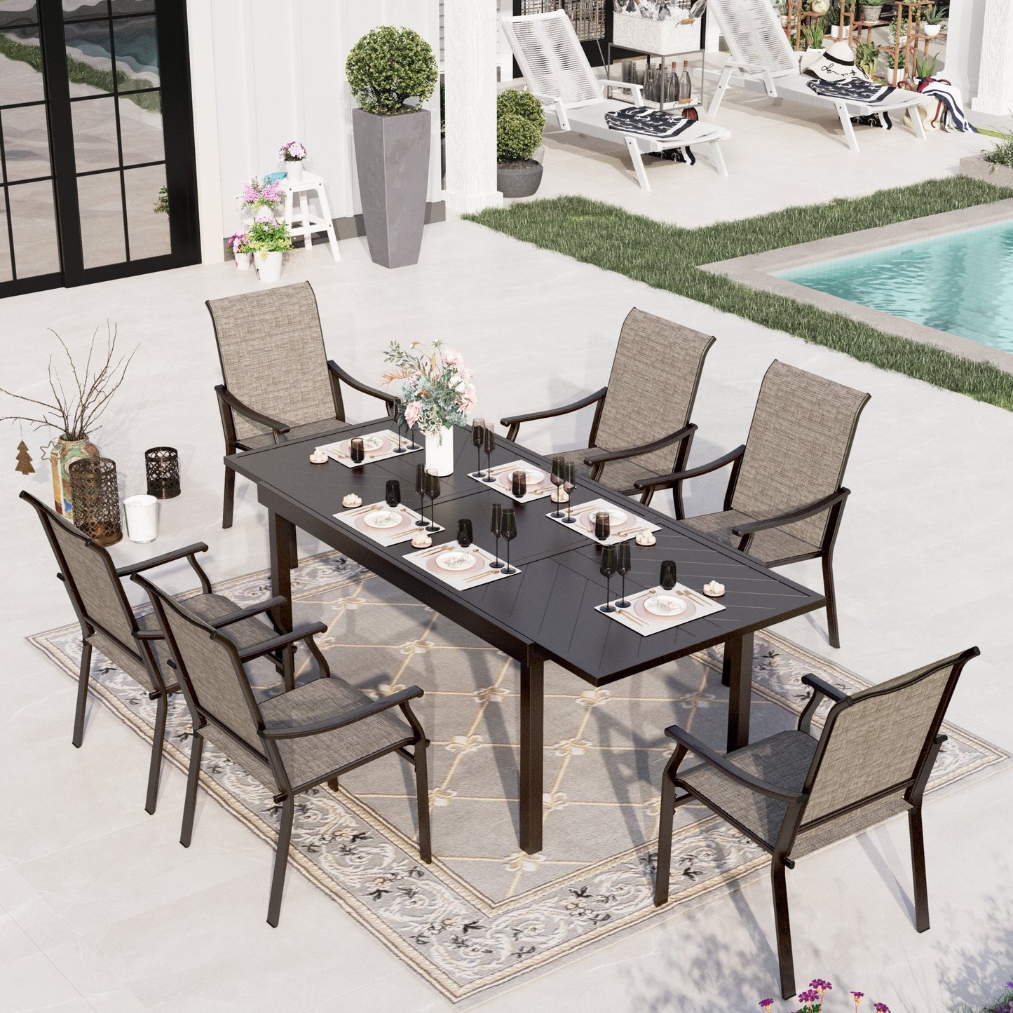 Sophia & William 7 Pieces Outdoor Patio Dining Set Textilene Chairs & Extendable Steel Table Set for 6-person