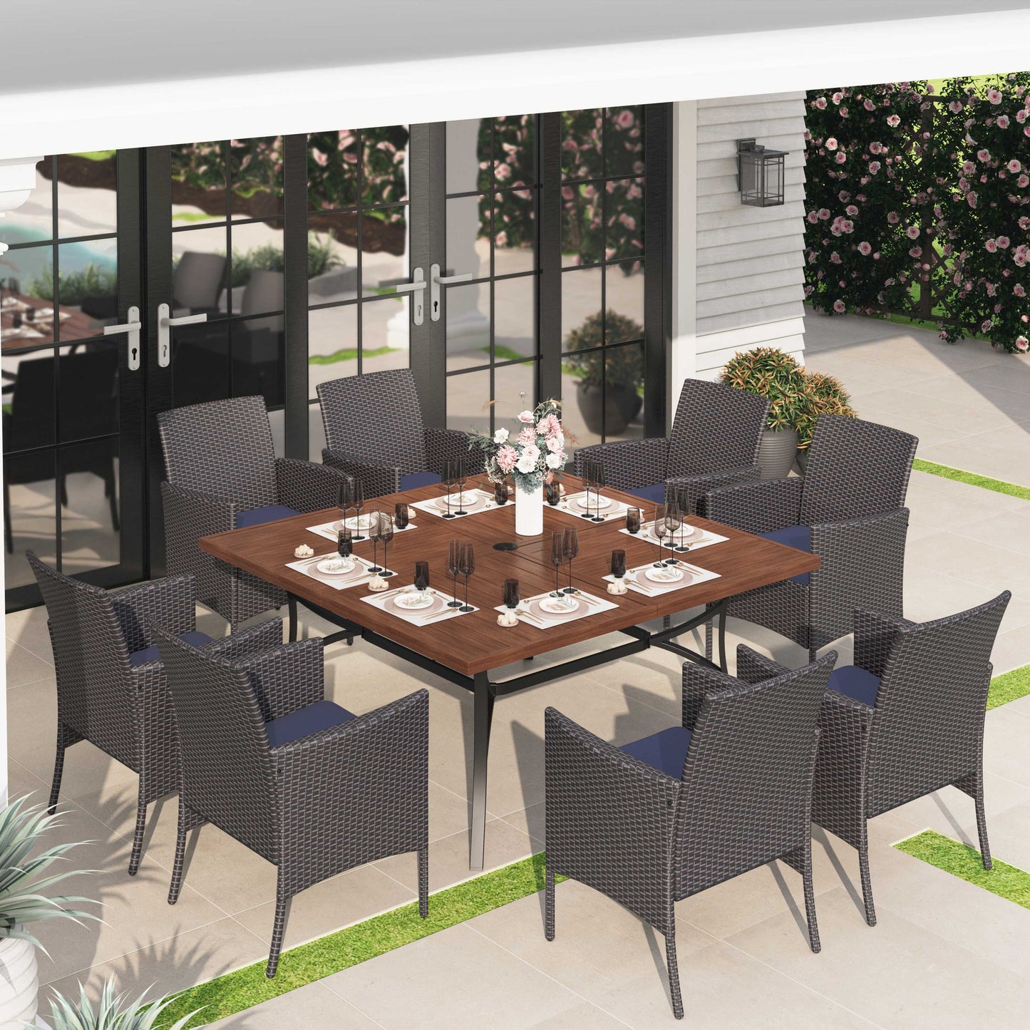 Sophia & William 9 Pieces Outdoor Patio Dining Set with 8Pcs Rattan Wicker Chairs & 1Pc Large Square Metal Table