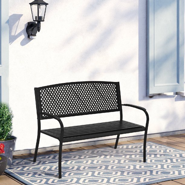 Sophia & William Outdoor Metal Lattice Backrest Garden Park Bench - Black