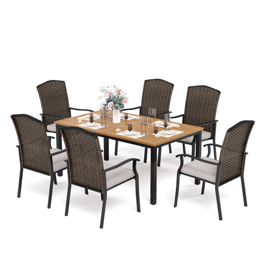 Sophia & William 7-Piece Outdoor Patio Dining Set Rattan Cushioned Chairs and Teak-grain Table Set