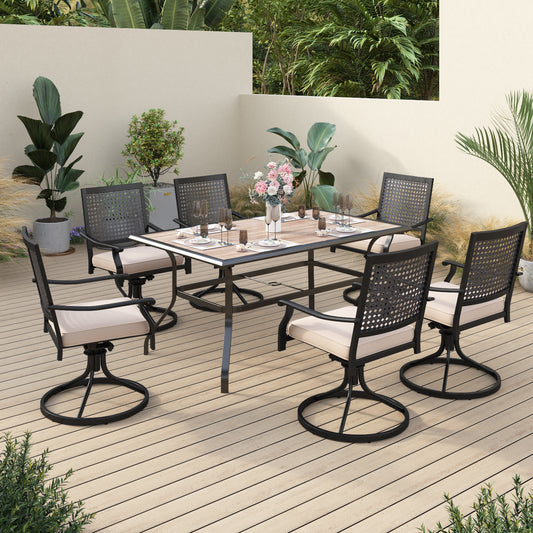 Sophia & William 7 Piece Outdoor Patio Dining Set 6 Patio Dining Swivel Chairs and 60" * 38" Metal Dining Table, with Wooden-like Table Top