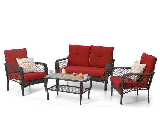 Sophia & William 4 Pieces Patio Conversation Set Rattan Outdoor Furniture Set, Red