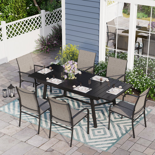 Sophia & William 7 Piece Patio Metal Dining Set Extendable Table and 6 Brown Textilene Chairs