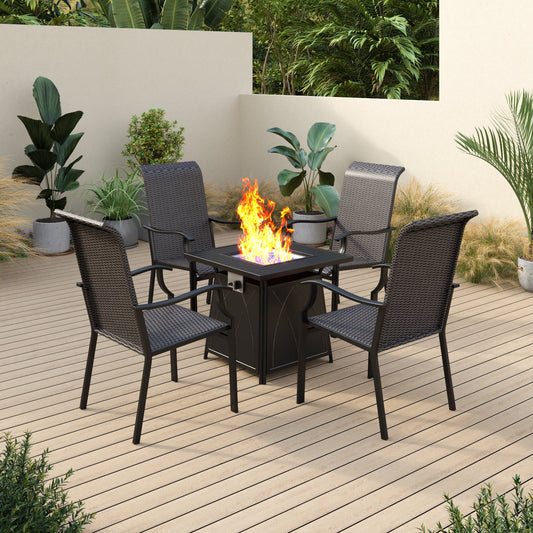 Sophia & William 5 Pieces Outdoor Patio Dining Set High Back Rattan Dining Chairs and Fire Pit Table