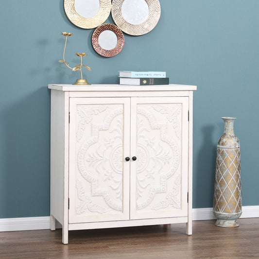 Sophia & William 2-Door Retro Storage Cabinet with Iron Stamped Floral Pattern-White