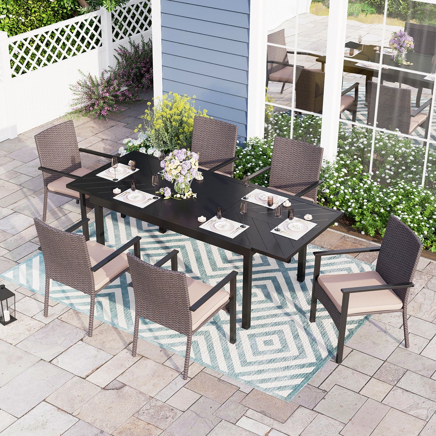 Sophia & William 7-Piece Patio Dining Set with Rattan Cushioned Chairs and Extendable Table