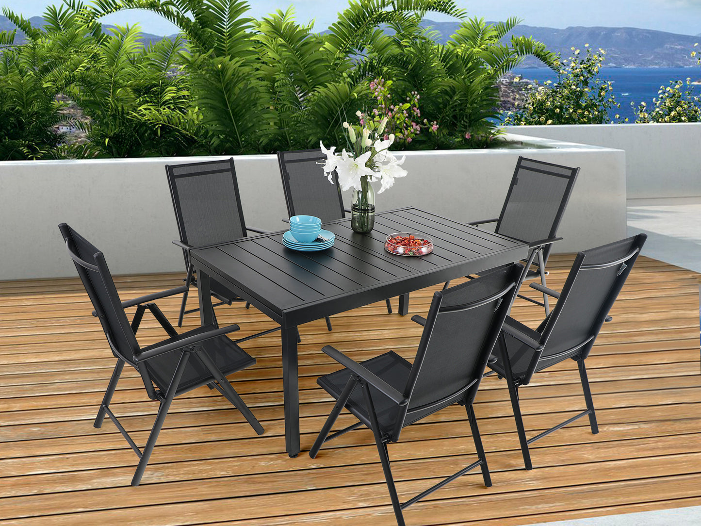 Sophia&William 7 Pcs Patio Dining Set Metal Table and Chairs Set for 6 People - Black