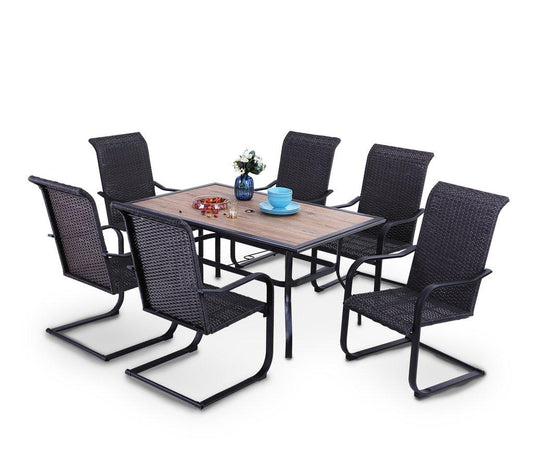 Sophia & William 7 PCS Patio Dinning Set with Wood-look Patio Table and 6 Rattan C-spring Chairs