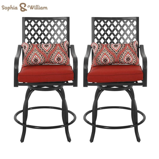 Sophia & William 2PCS Outdoor Patio Height Swivel Bistro Bar Stools Patio Bistro Dining Chairs Bar Set with Red Cushions