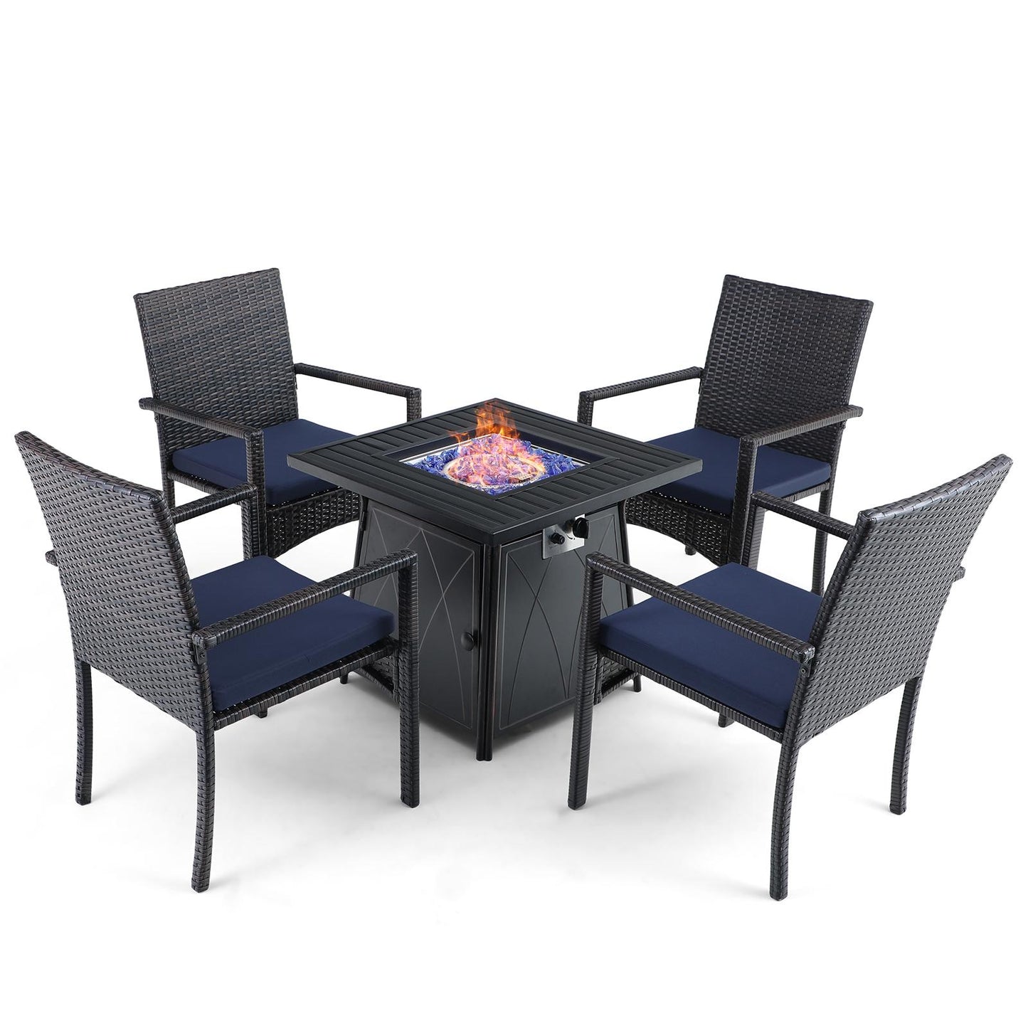 Sophia & William 5 Pcs Wicker Rattan Patio Dining Set with Gas Fire Pit Table - Blue