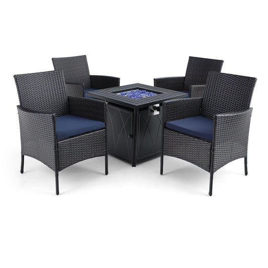 Sophia & William 5 Pcs Wicker Rattan Patio Dining Set with Gas Fire Pit Table - Blue