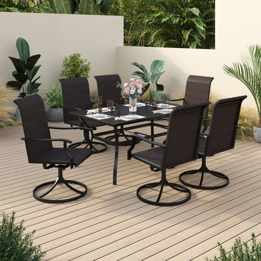 Sophia & William 7 Piece Patio Dining Table and Chairs Set High Back Swivel Rattan Dining Chairs and Rectangle Metal Table