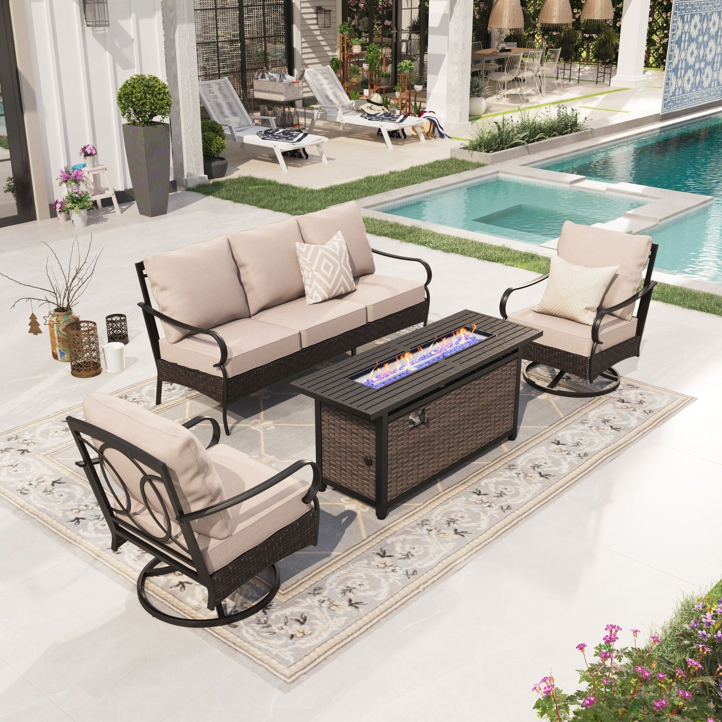 Alpha Joy 4 Piece Patio Furniture Set with Fire Pit Table 5-Seat Wicker Outdoor Conversation Set