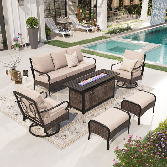 Alpha Joy 6 Piece Patio Furniture Set with Fire Pit Table 7-Seat Wicker Outdoor Conversation Set