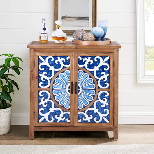 Sophia & William 2-Door Rustic Accent Cabinet with Blue and White Porcelain Pattern