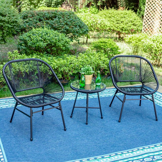 Sophia & William 3-Piece Patio Bistro Set with 2 Rattan Chairs, Glass Top Side Table - Black