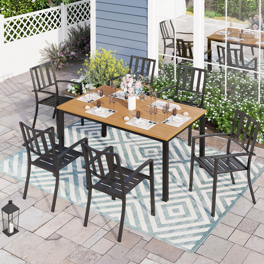 Sophia & William 7-Piece Outdoor Patio Dining Set Metal Chairs and Teak-grain Table Set