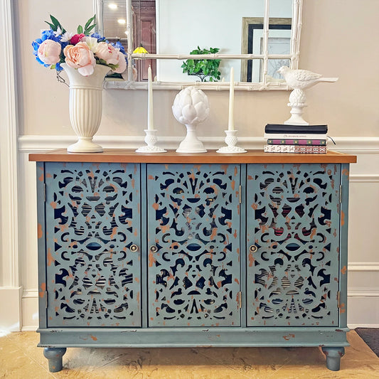 Sophia & William 3-Door Hollow-Carved Sideboard Accent Cabinet for Kitchen, Dining Room, Living Room, Entryway-Blue